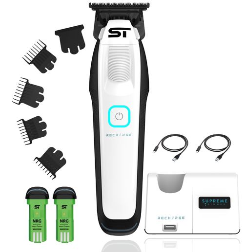 Supreme Trimmer Recharge Zero Gap Trimmer for Barbers | 7500+ RPM Removable Battery Smart USB Charging Stand + iPhone/Android Charging | ST777 White